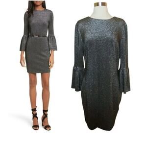 TED BAKER Hanneh Silver Dress Bell Sleeve Sparkle Cocktail Party 4 US Large NWOT